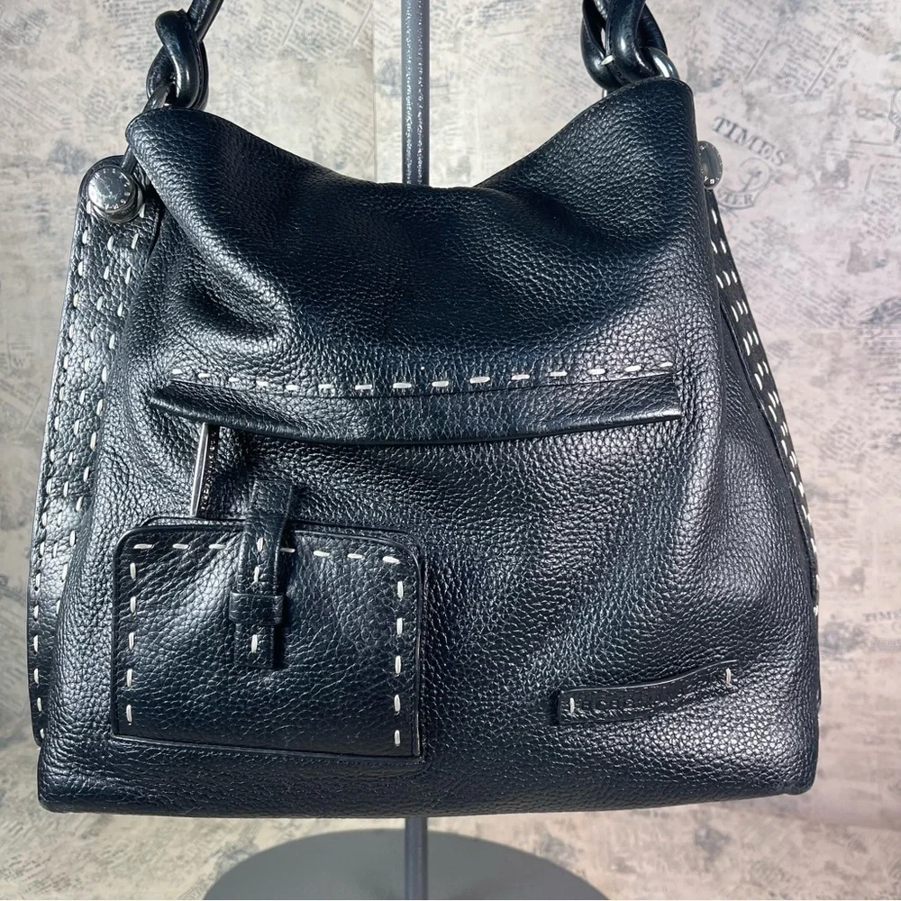 BCBGMaxAzria Black Genuine Pebbled Leather Shoulder Bag Silver Hardware Designer